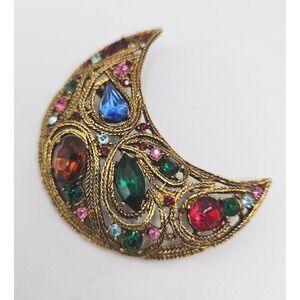 Vintage Prestige Jeweled Crescent Moon Dimensional Rhinestone Gold Tone Rope...